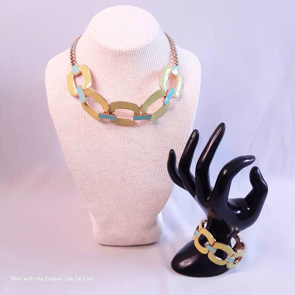 💎Flat Oval Links Set Necklace Braceletl Lacqard Yellow Blue On Gold Tone Metal